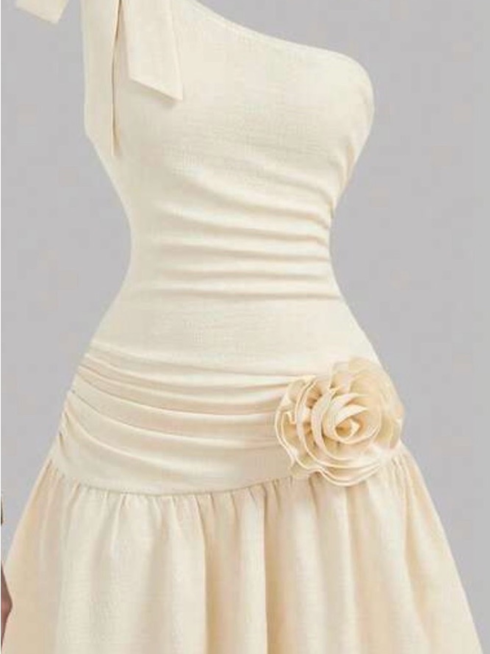 Elegant One-Shoulder Cream Dress with Floral Accent for girls